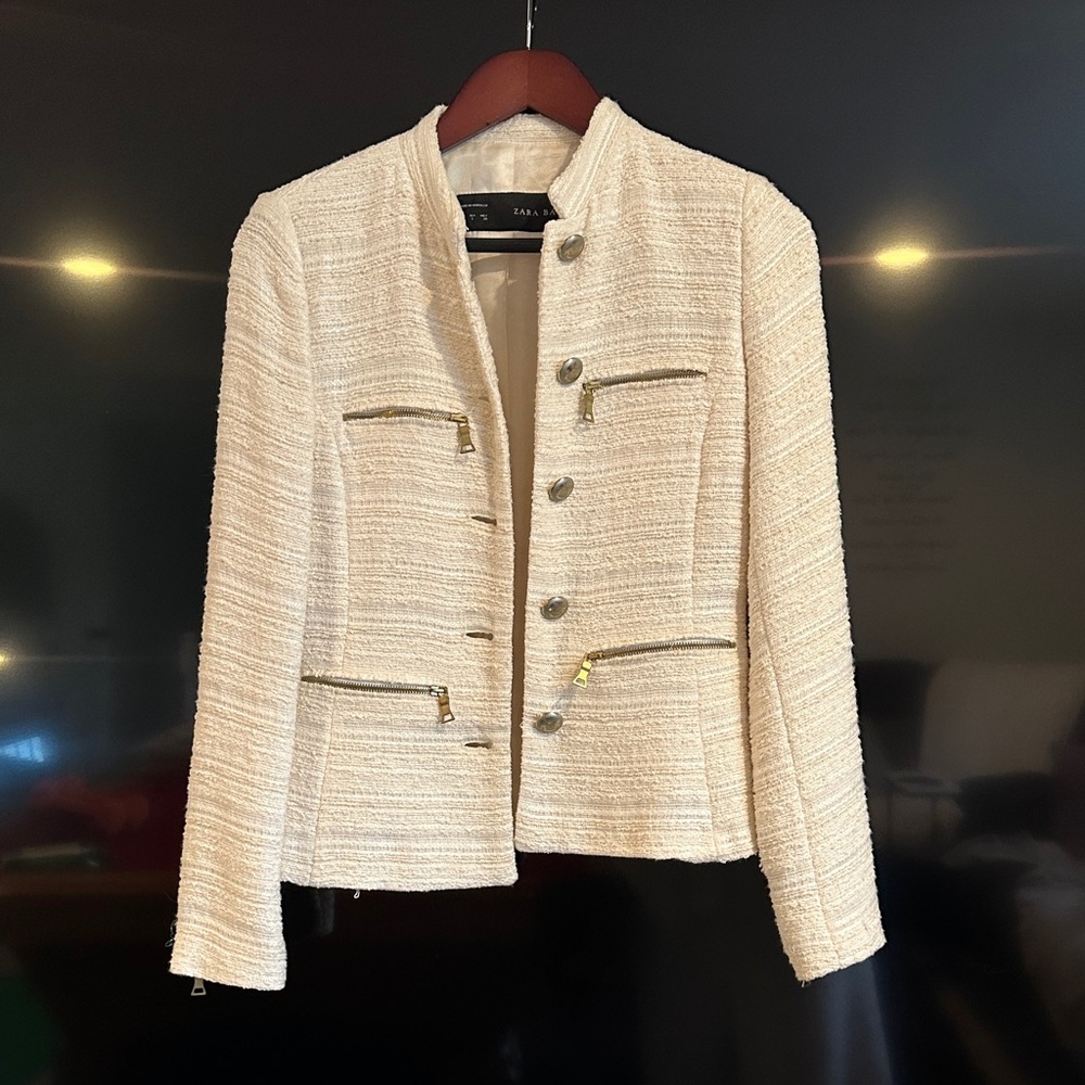 Zara Cream Textured Blazer with Gold Accents